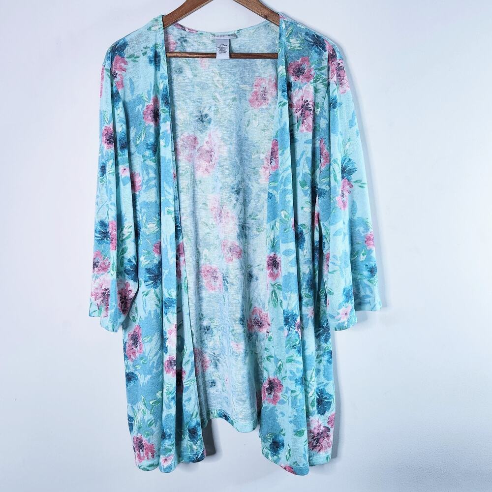 Catherines Womens Blue Floral Open Cardigan Size 3X Coastal Business Casual